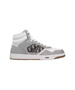 B27 HIGH-TOP SNEAKER GRAY AND WHITE SMOOTH CALFSKIN WITH BEIGE AND BLACK DIOR OBLIQUE JACQUARD - CD117