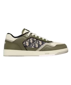 B27 LOW-TOP SNEAKER OLIVE AND CREAM SMOOTH CALFSKIN WITH BEIGE AND BLACK DIOR OBLIQUE JACQUARD - CDO91