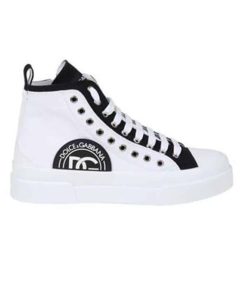 DOLCE AND GABBANA QUILTED TWO-TONE NYLON PORTOFINO LIGHT MID-TOP SNEAKERS IN WHITE - DG107