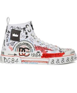 DOLCE AND GABBANA HAND-PAINTED GRAFFITI CANVAS PORTOFINO LIGHT MID-TOP SNEAKERS - DG111