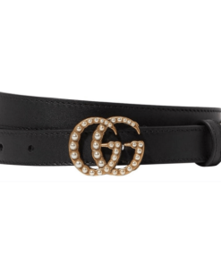 GUCCI BLACK FAUX PEARL-EMBELLISHED LEATHER BELT - B44