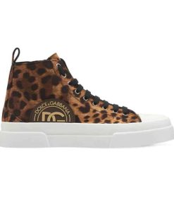 DOLCE AND GABBANA COTTON DRILL PORTOFINO LIGHT MID-TOP SNEAKERS WITH LEOPARD PRINT - DG110