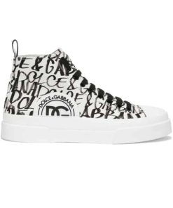 DOLCE AND GABBANA CANVAS PORTOFINO LIGHT MID-TOP SNEAKERS WITH DG LOGO PRINT - DG109