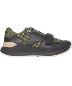 BURBERRY CHECK LACE-UP SNEAKERS IN MILITARY GREEN - BBR092