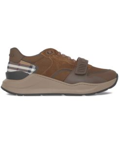 BURBERRY CHECK LACE-UP SNEAKERS IN BROWN - BBR095