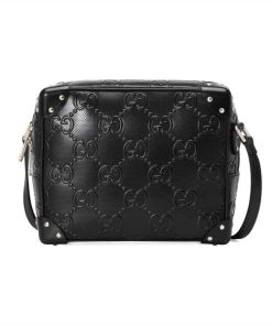 GG EMBOSSED SHOULDER BAG IN BLACK LEATHER - GBC06