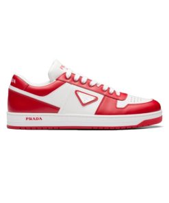 PRADA DOWNTOWN LEATHER SNEAKERS IN WHITE AND LACQUER RED- PRD012